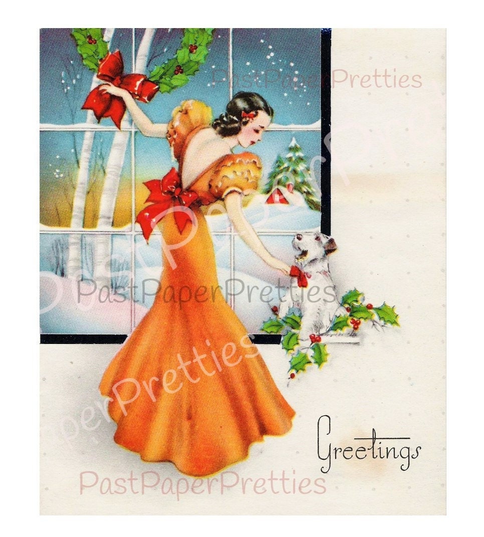 Vintage Printable Christmas Card Pretty Art Deco Lady and Dog Image c. 1920s Instant Digital Download Beautiful Young Woman Clip Art