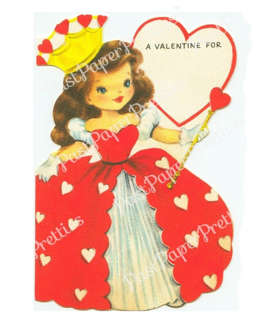 Vintage Printable Valentine Card Pretty Queen of Hearts Girl Image c. 1950s Instant Digital Download Cute Kitsch Clip Art 300 dpi