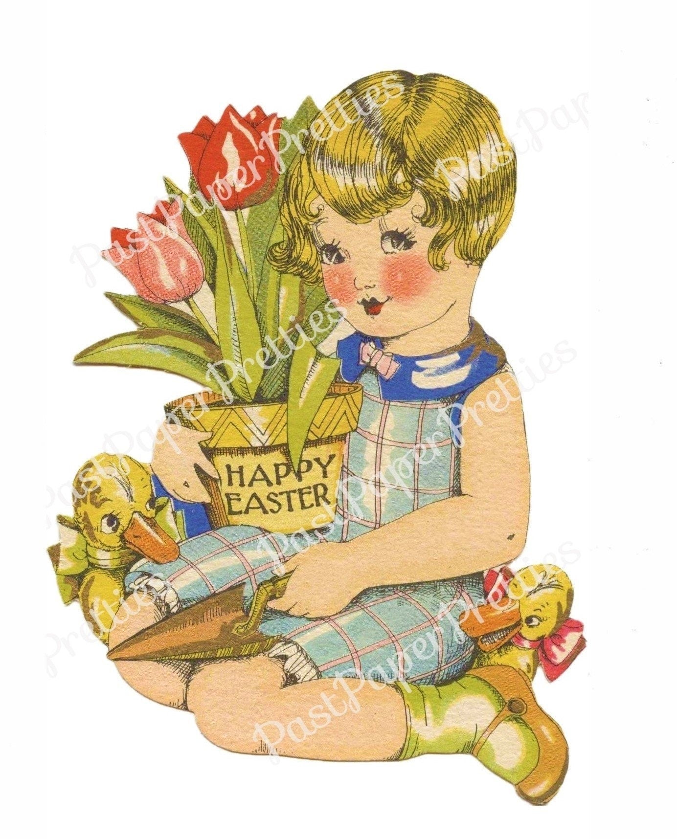 Vintage Printable Happy Easter Card Image Pretty Art Deco Girl with Tulip Pot Ducks c. 1930s Instant Digital Download PNG JPEG 300 dpi