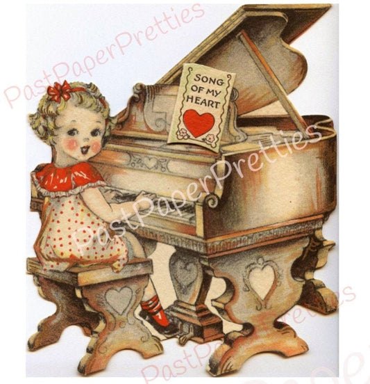 Vintage Cute Little Pianist Girl Antique Printable Art Deco Card Image Grand Piano 1930s Instant Digital Download Kitsch Valentine Clip Art