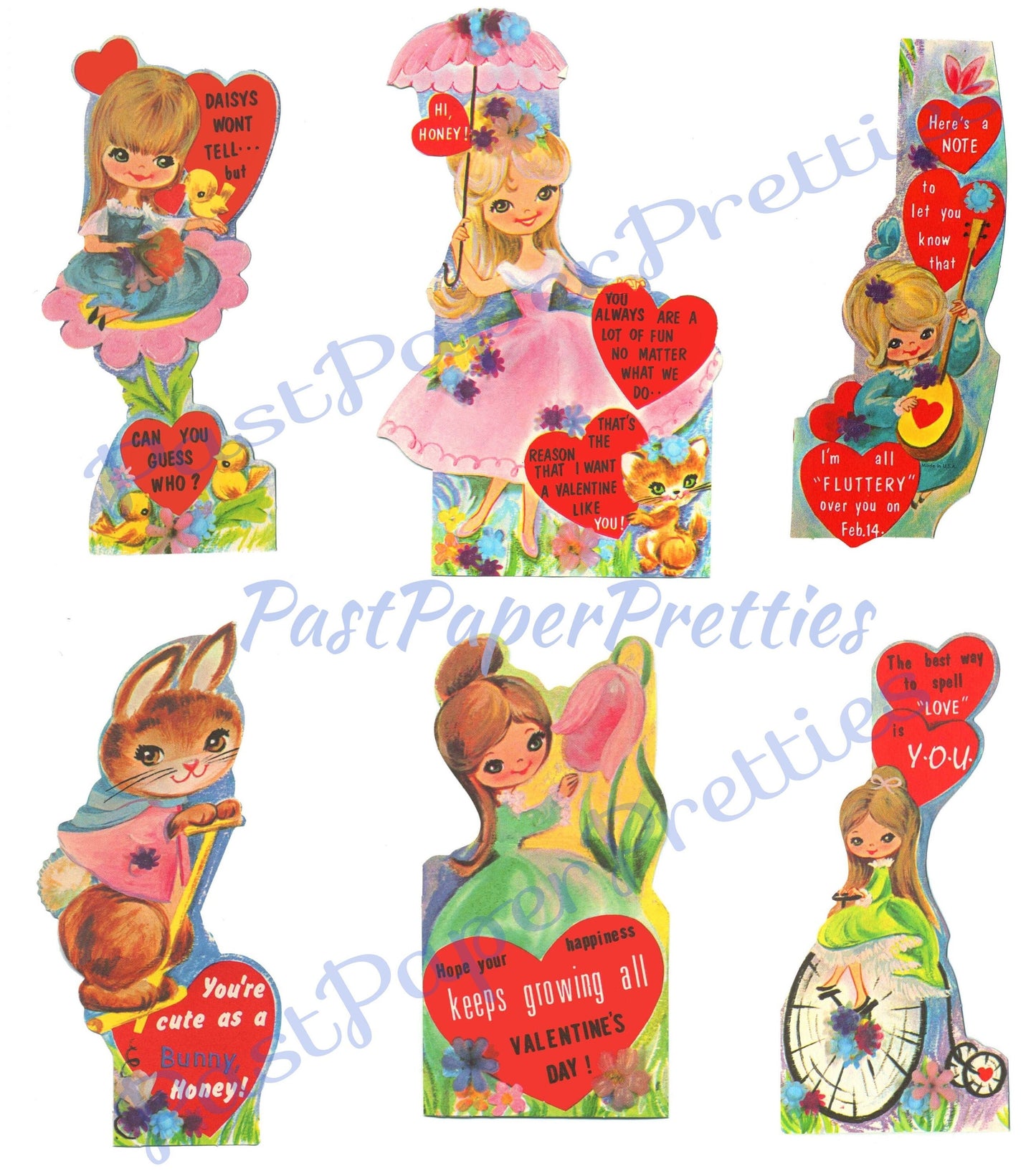 Vintage Printable Valentines Pretty Big Eyed Girls 6 Images PDF Instant Digital Download Retro Kitsch Kawaii Cute Girls Clip Art