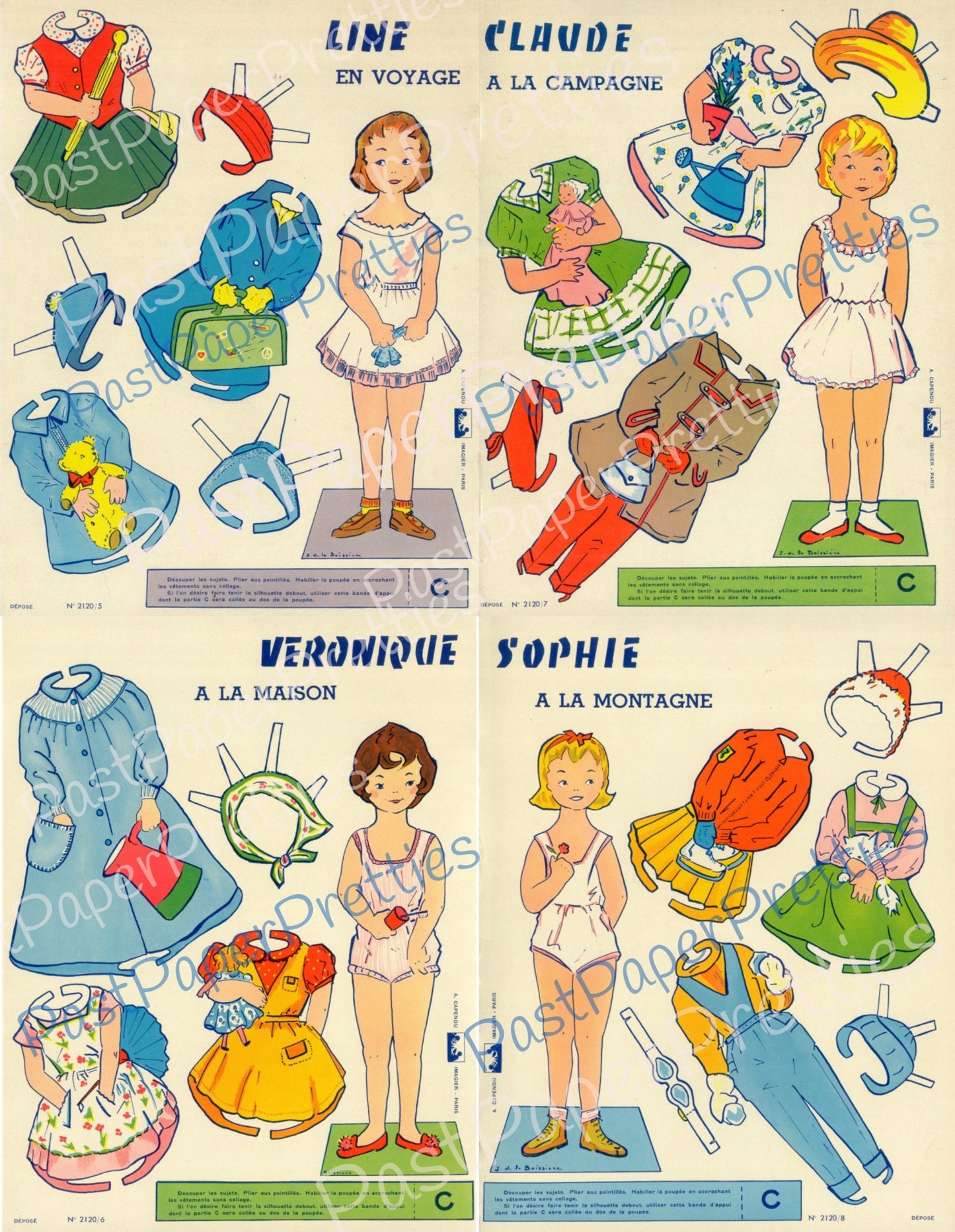 Vintage Printable Paper Dolls 4 Cute French Girls and Clothing Collage Sheets Cut Out Dolls 1940s PDF Instant Digital Download