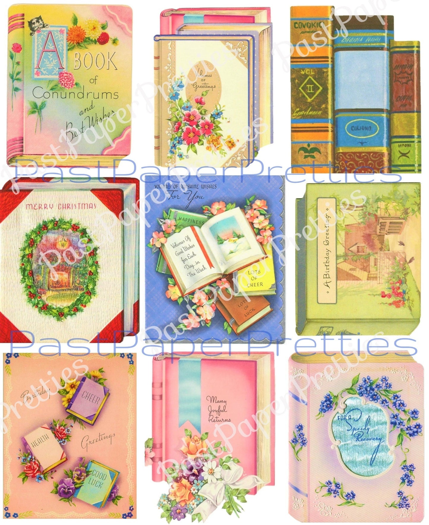 18 Vintage Books Greeting Cards Collage Sheet Images Printable PDF Instant Digital Download Bibliophile Bookworm Book Lovers Clip Art