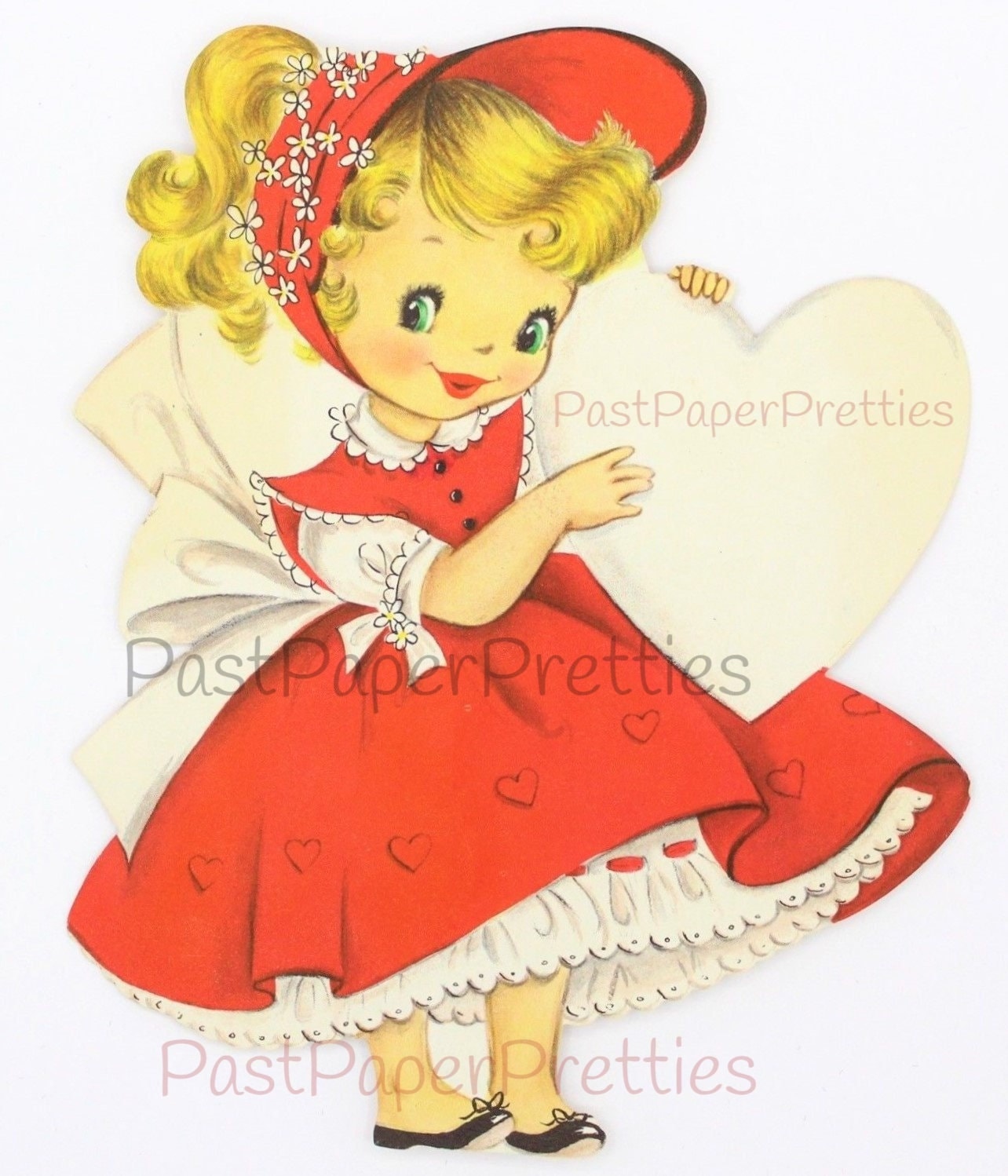 Vintage Printable Valentine Card Cute Coy Pretty Little Girl Image Red Dress Bonnet c. 1950s Instant Digital Download 300 dpi
