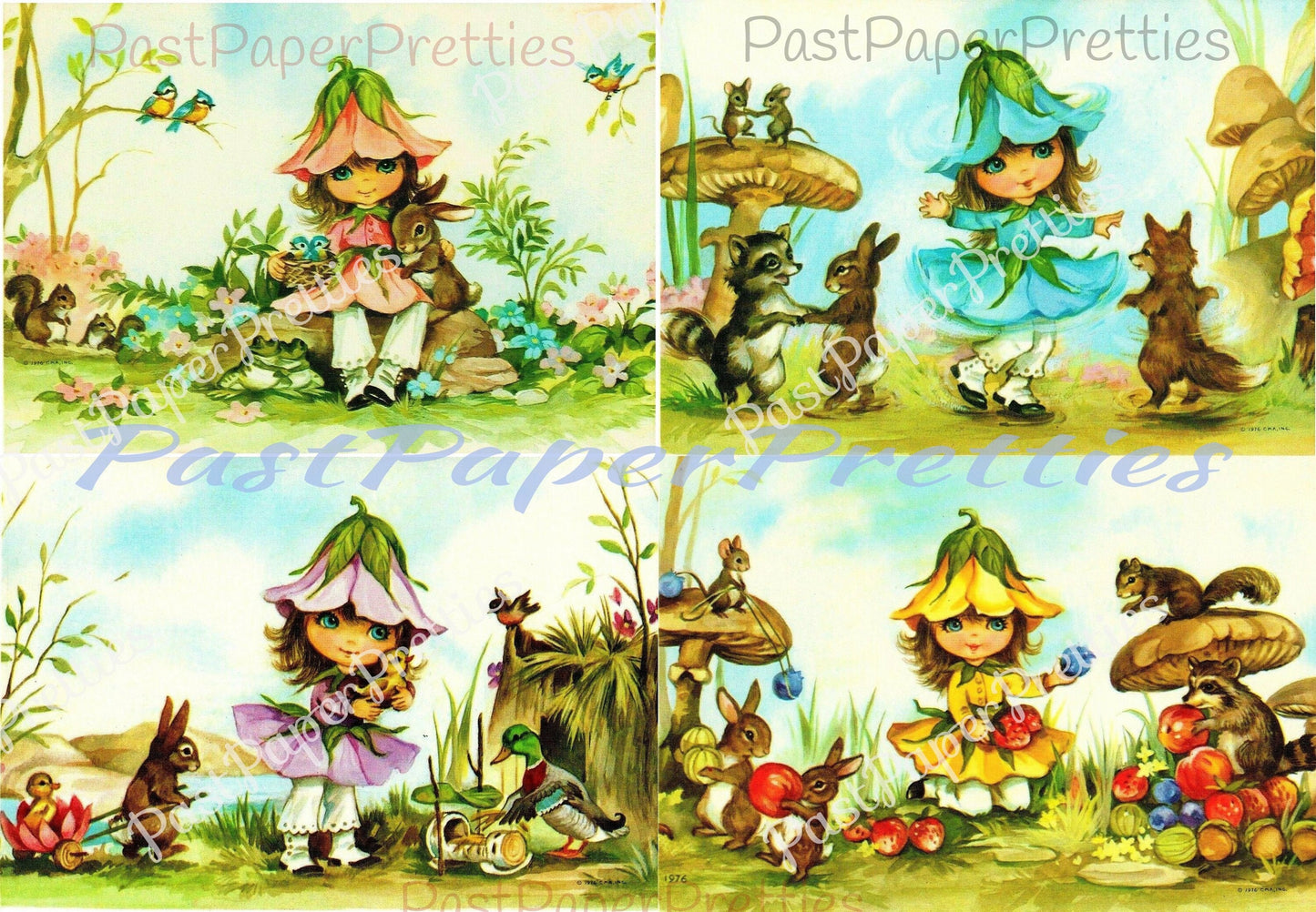 Vintage Printable Little Bonnie Blossom Flower Fairy Girl and Forest Friends Postcard Images Set c. 1976 Instant Digital Download 300 dpi