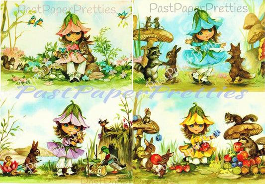 Vintage Printable Little Bonnie Blossom Flower Fairy Girl and Forest Friends Postcard Images Set c. 1976 Instant Digital Download 300 dpi