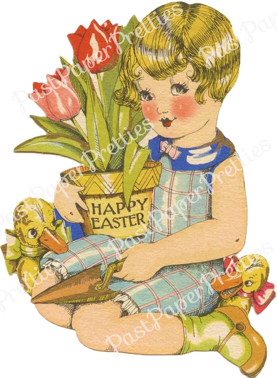 Vintage Printable Happy Easter Card Image Pretty Art Deco Girl with Tulip Pot Ducks c. 1930s Instant Digital Download PNG JPEG 300 dpi