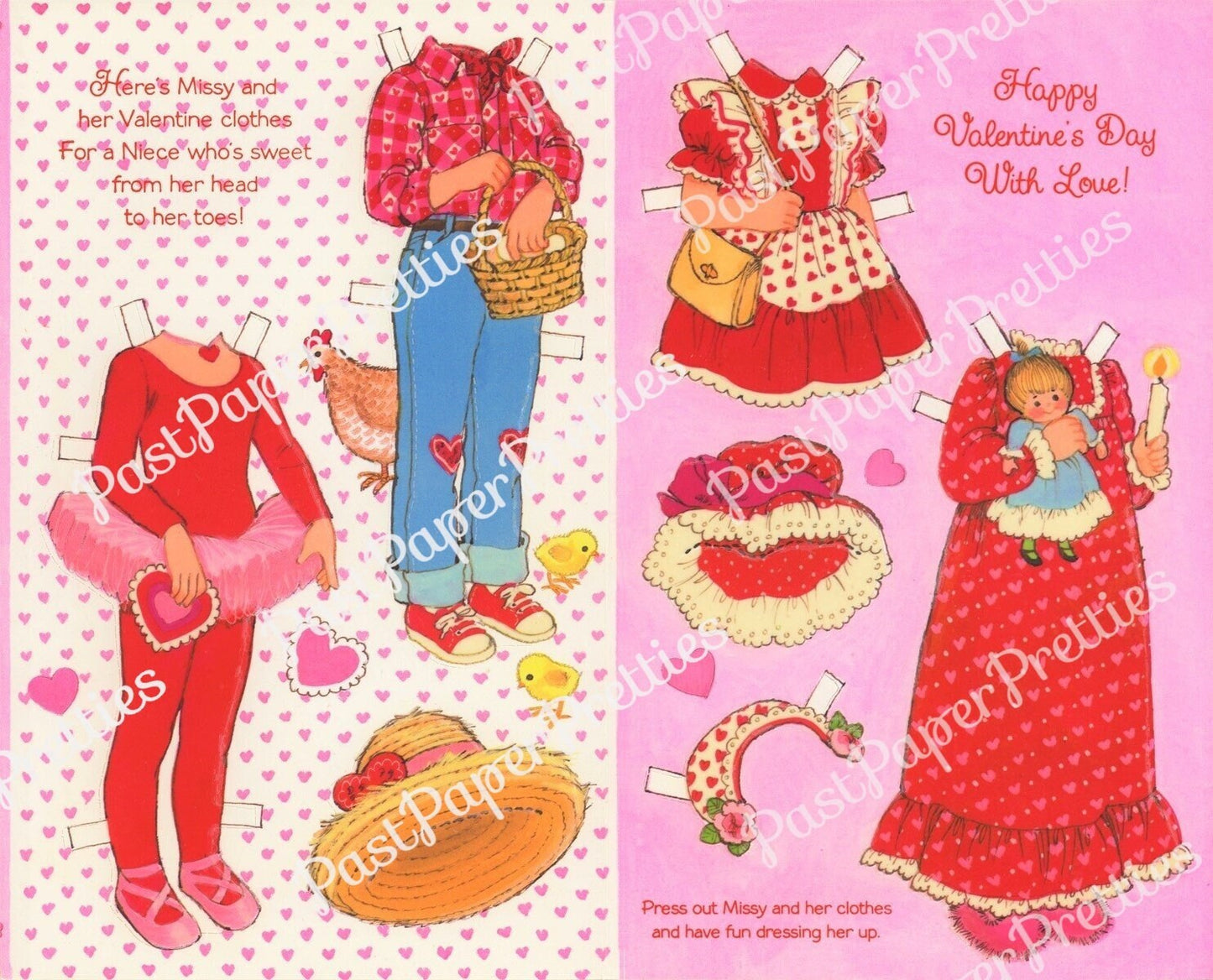 Vintage Valentine Cute Missy Paper Doll Folded Printable Card c. 1980s PDF Instant Digital Download Pretty Dress Up Girl and her Clothes