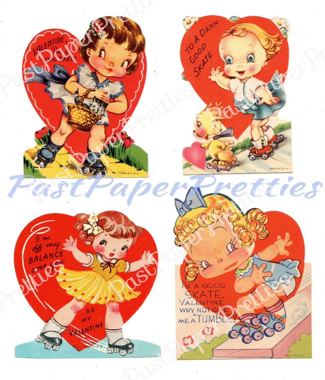 Vintage Printable Valentines Day Cards Rollerskating Girls and Boys All Roller Skate Themed Collage Sheets PDF Instant Digital Download
