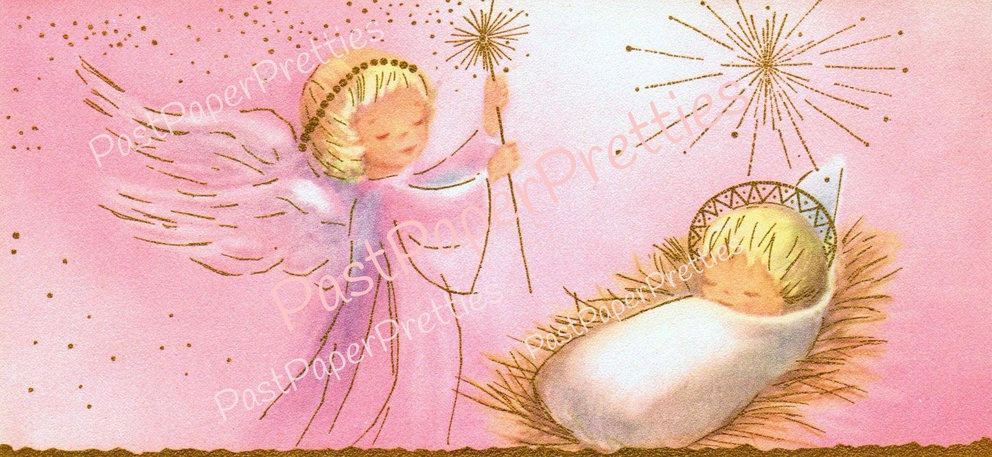 Vintage Printable Pastel Nativity Scene Creche Children Christmas Card Images Retro Instant Digital Download Kitsch Cute Holiday Clip Art