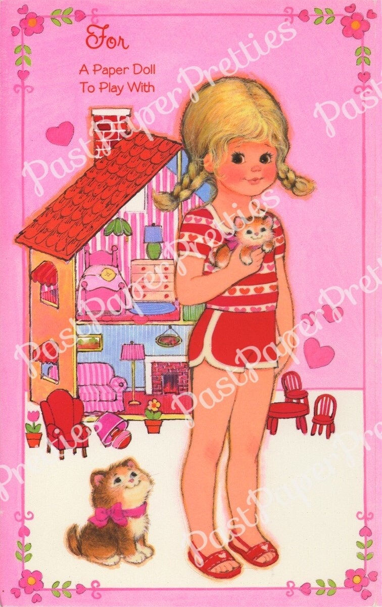 Vintage Valentine Cute Missy Paper Doll Folded Printable Card c. 1980s PDF Instant Digital Download Pretty Dress Up Girl and her Clothes