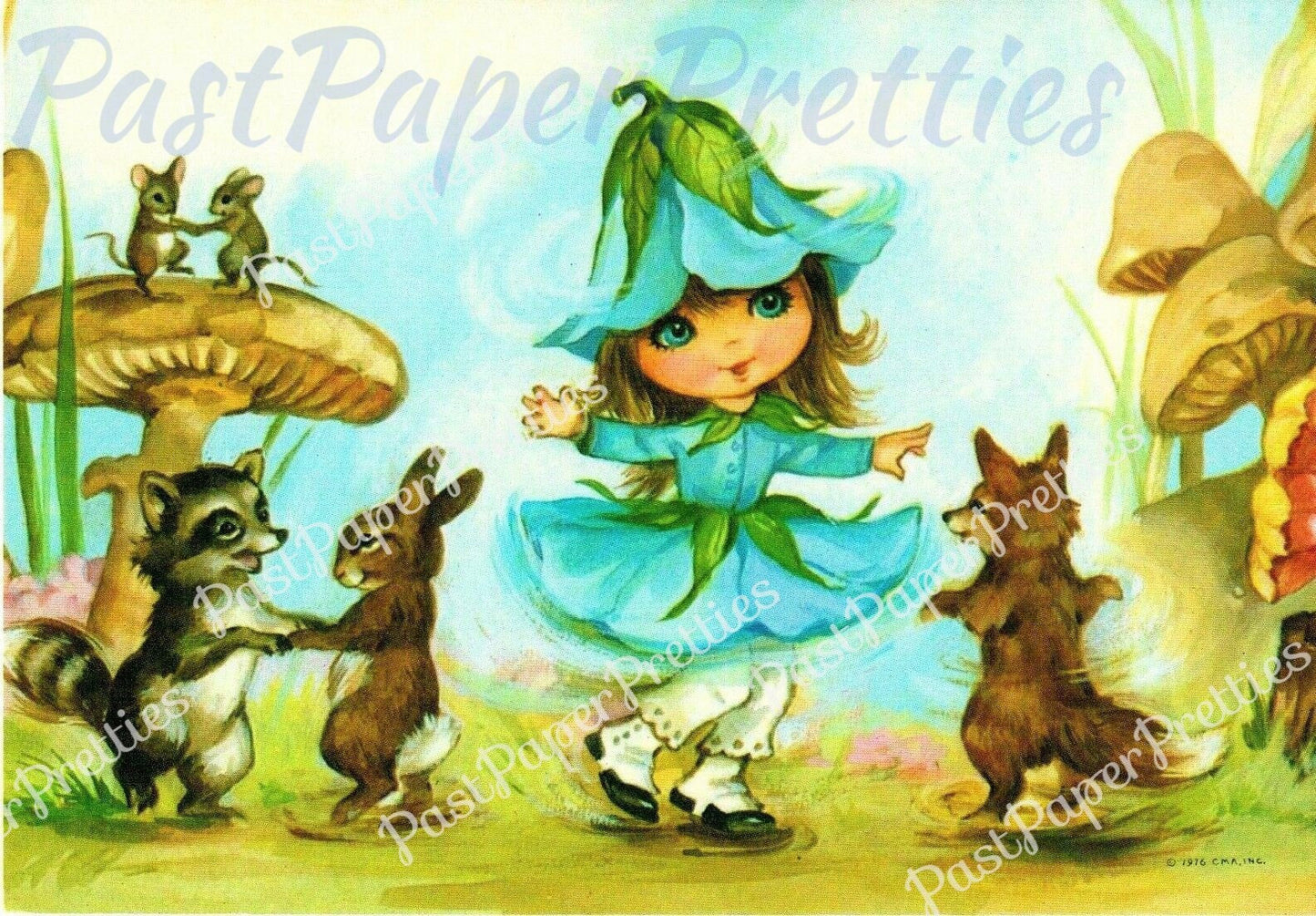 Vintage Printable Little Bonnie Blossom Flower Fairy Girl and Forest Friends Postcard Images Set c. 1976 Instant Digital Download 300 dpi