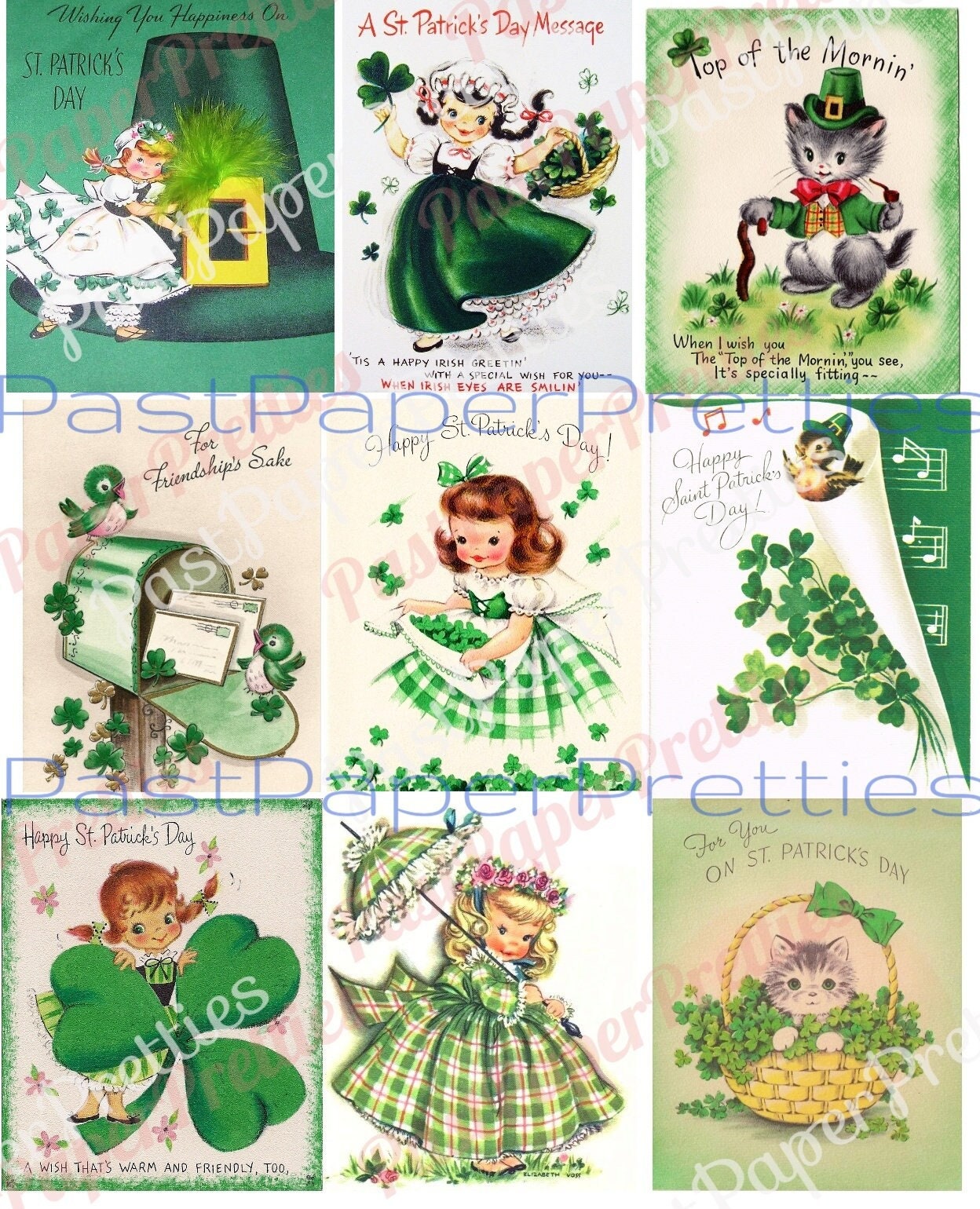 45 Vintage St. Patricks Day Card Images Kitsch Children Animals Shamrocks Collage Sheets Printable PDF Instant Digital Download ATC Size