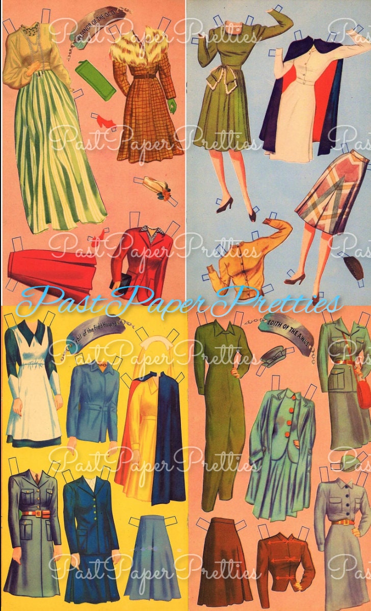 Vintage Paper Dolls War Girls c. 1942 Printable PDF Instant Digital Download 4 USA WWII Gals Wartime Era Women Ladies Clip Art