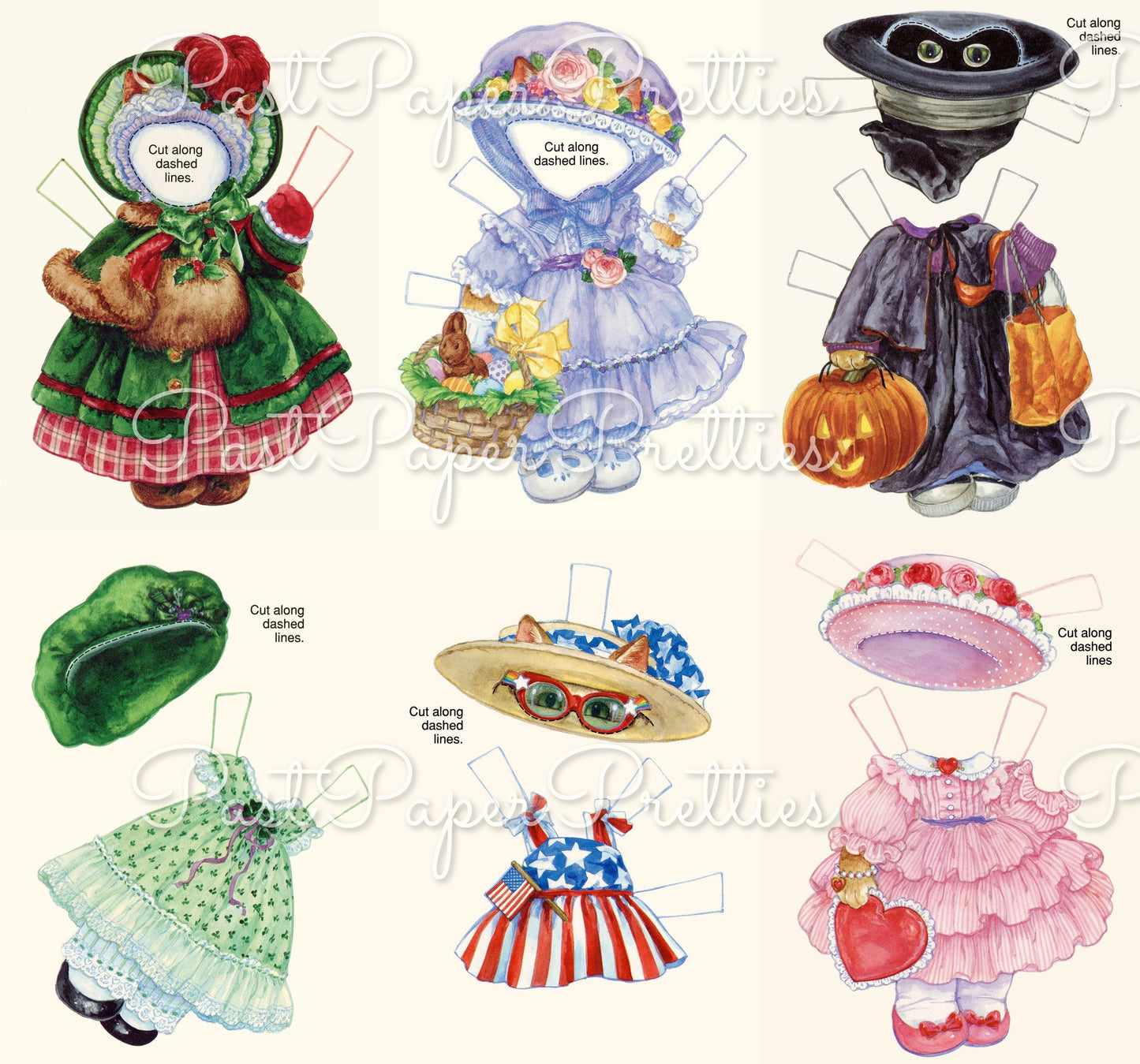 Vintage Paper Dolls Heather Honeypaws Cute Girl Kitty Cat and Holiday Clothes Printable PDF Instant Digital Download Six Outfits Clip Art