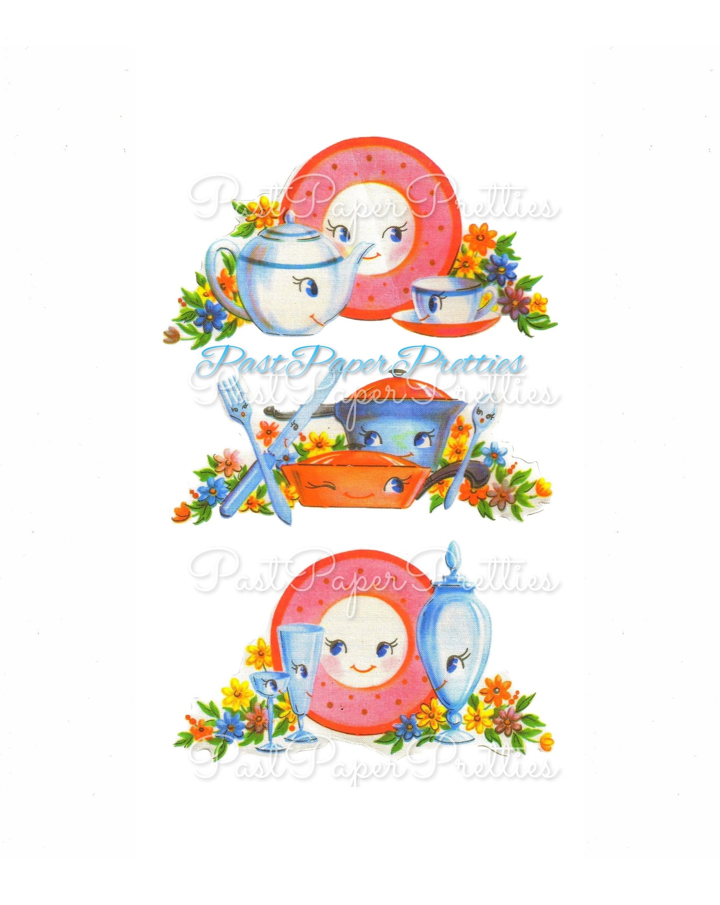 Vintage Printable Cute Anthropomporphic Teapot Teacup Dish Set Nursery Decal Image Instant Digital Download Cute Kitsch Kitchen Clip Art