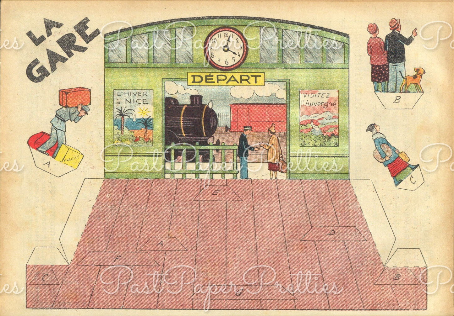 Vintage French Train Station Scene Printable Paper Craft Cut Outs PDF Instant Digital Download Miniature Playset Diorama Paris France