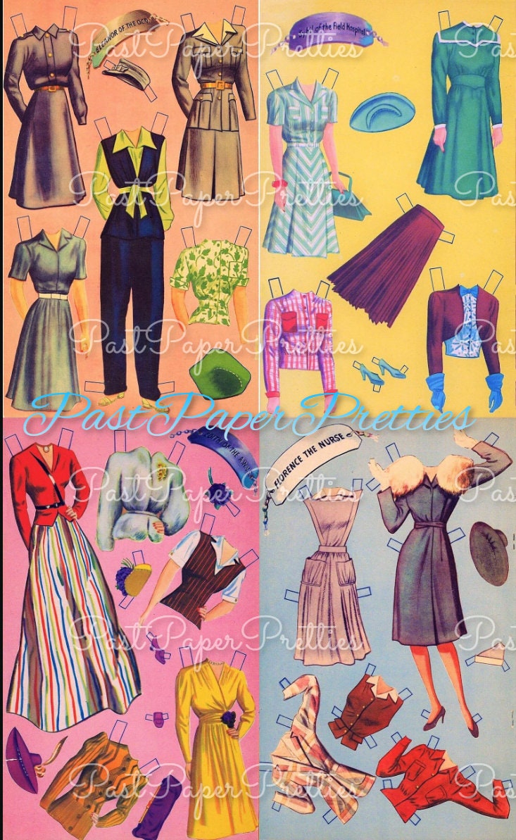 Vintage Paper Dolls War Girls c. 1942 Printable PDF Instant Digital Download 4 USA WWII Gals Wartime Era Women Ladies Clip Art