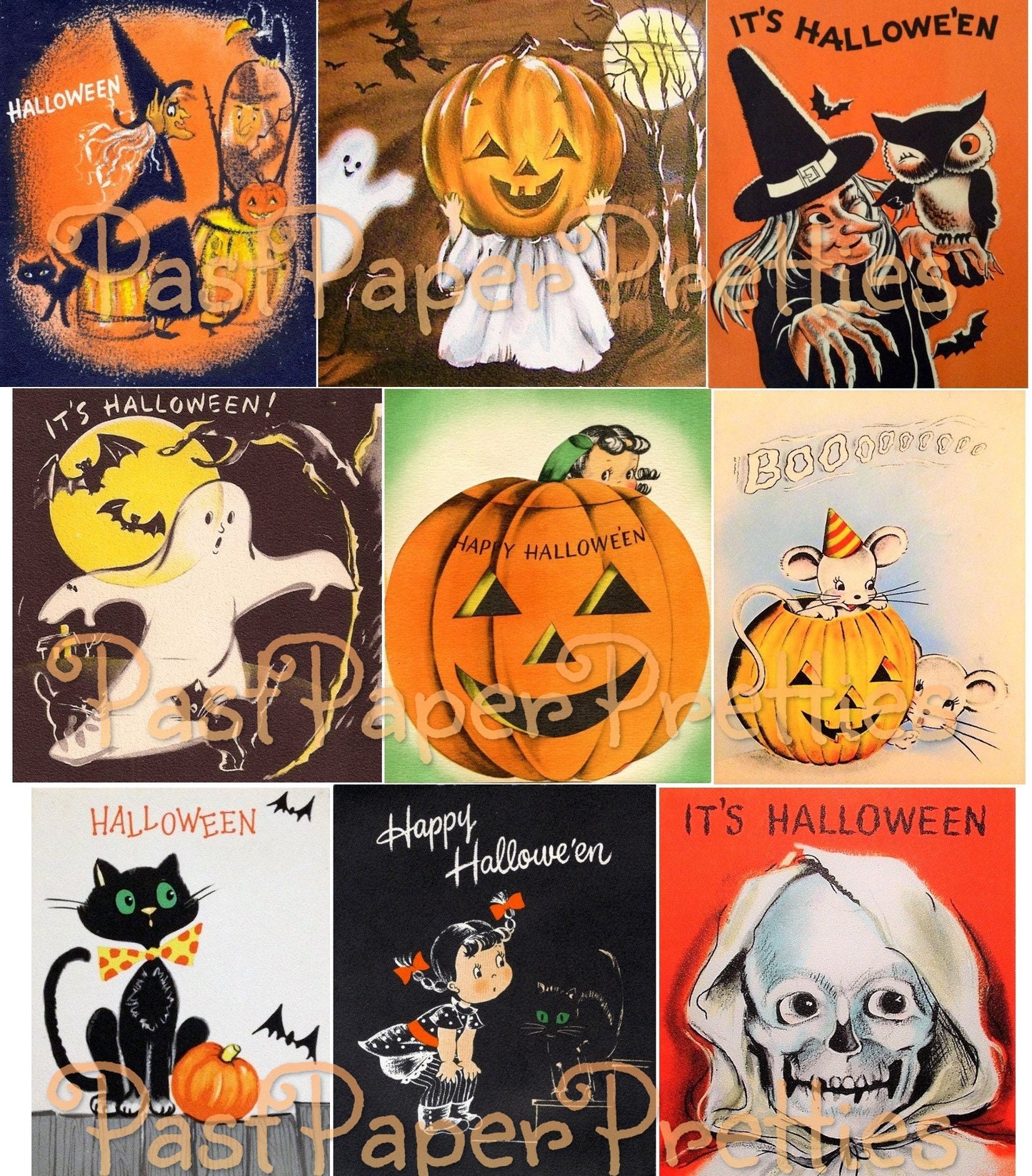 Vintage Halloween Printable Collage Cards Retro Mid Century Images PDF Instant Digital Download Cute Spooky Clip Art 2 Sizes SET ONE