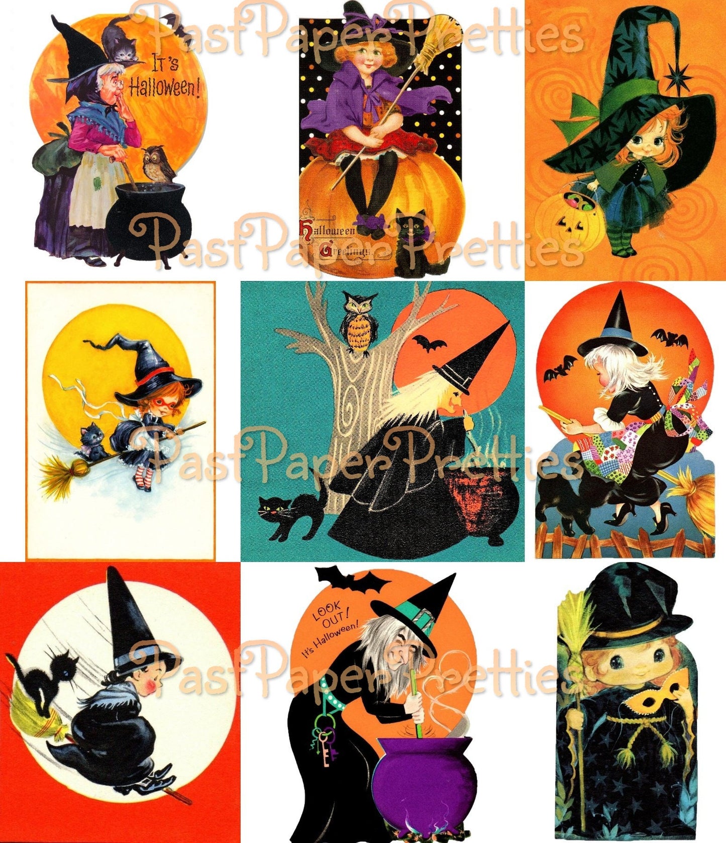 Vintage Cute Halloween Witches Collage Sheets & Full Card Images Printable PDF Instant Digital Download All Kitsch Spooky Witchy Clip Art