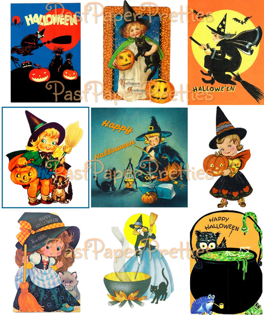 Vintage Cute Halloween Witches Collage Sheets & Full Card Images Printable PDF Instant Digital Download All Kitsch Spooky Witchy Clip Art