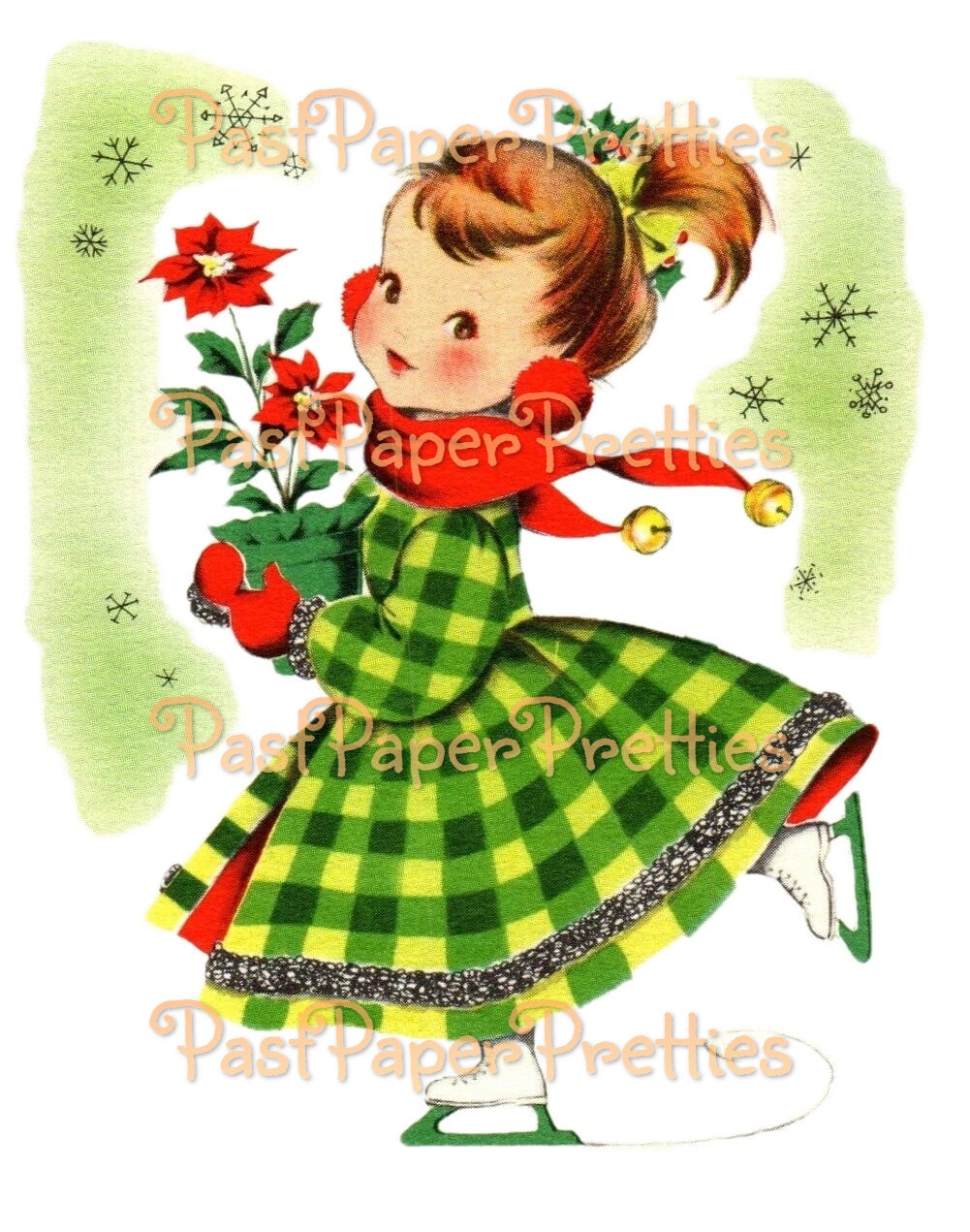 Vintage Printable Pretty Gingham Dress Christmas Girls Norcross Card Images c. 1940s PDF Instant Digital Download Cute Xmas Clipart 300 dpi