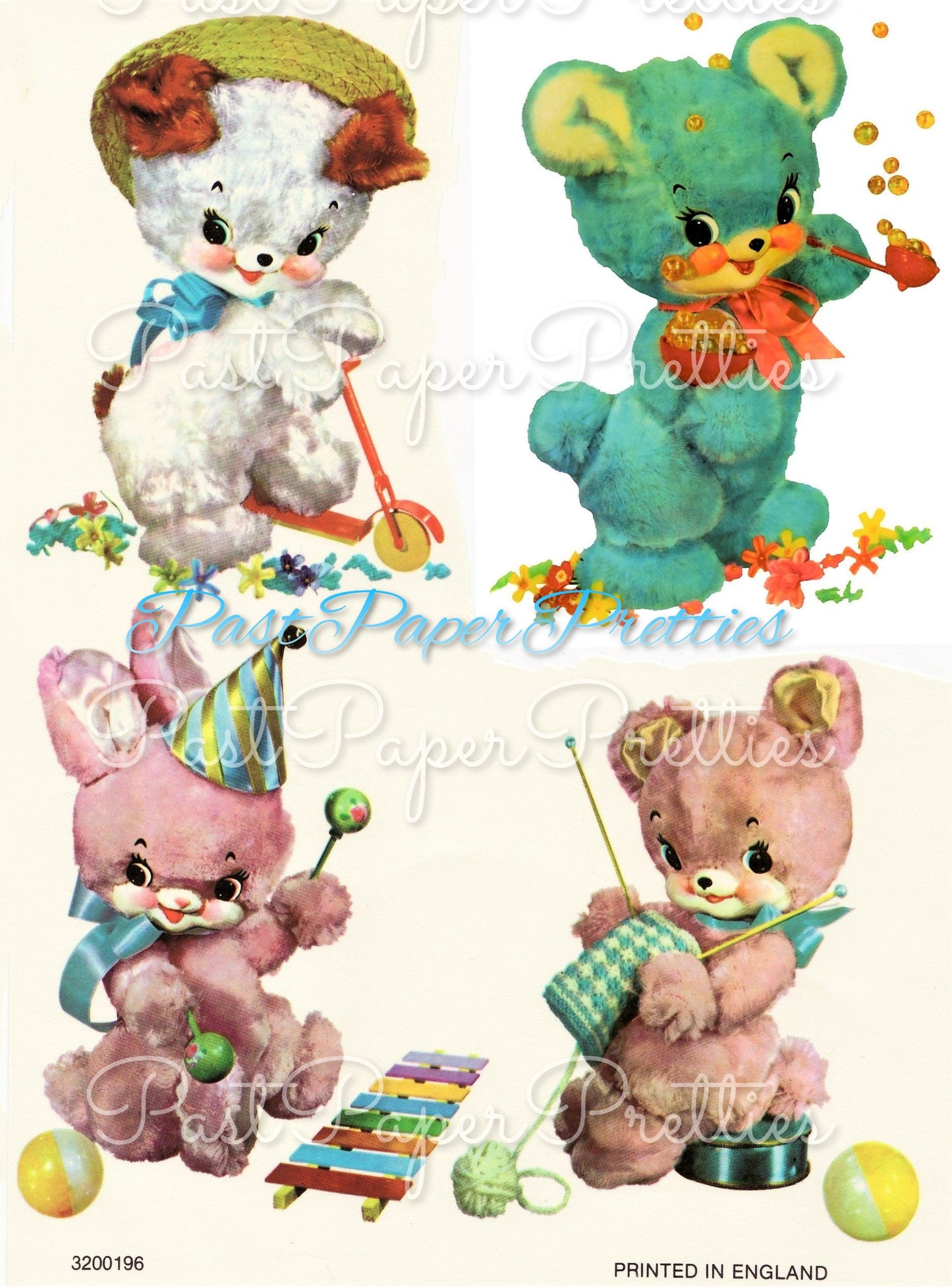 Vintage Retro Nursery Baby Animals Printable Decals Images Collage Sheet Instant Digital Download Cute Bears Bunny Puppy Dog Designs 1960s