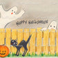 Vintage Printable Halloween Card Ghosts Black Cat JOL Fence Scene Image c. 1960s Instant Digital Download Happy Halloween Clip Art 300 dpi