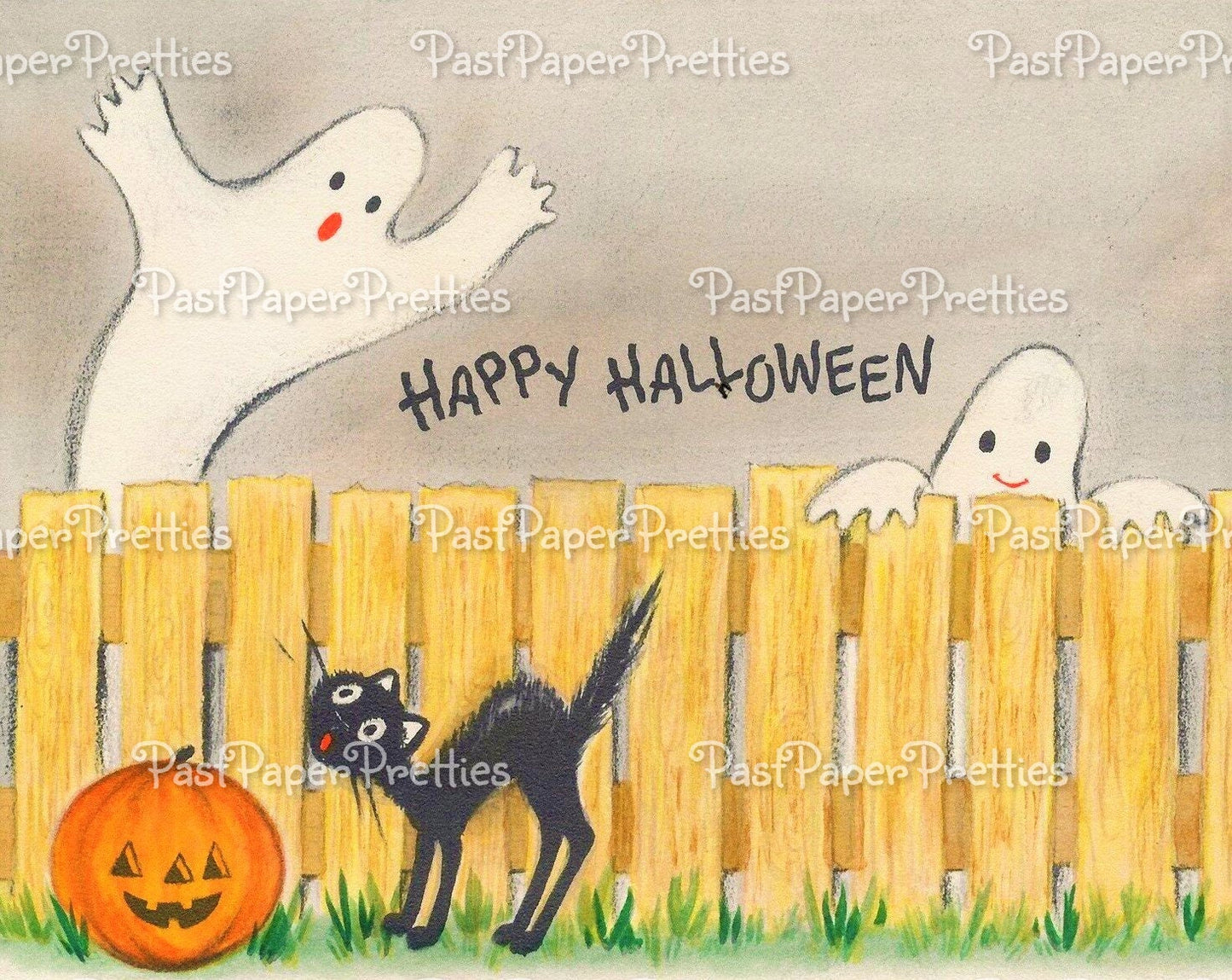 Vintage Printable Halloween Card Ghosts Black Cat JOL Fence Scene Image c. 1960s Instant Digital Download Happy Halloween Clip Art 300 dpi