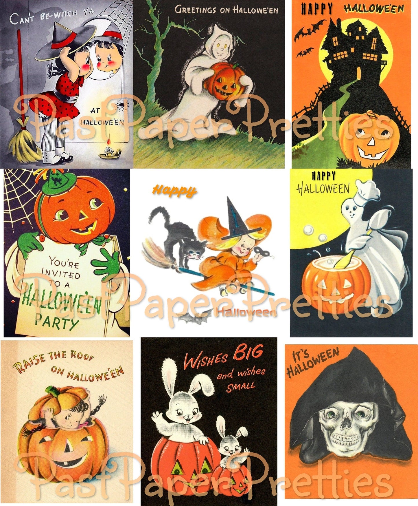 Vintage Halloween Printable Collage Cards Retro Mid Century Images PDF Instant Digital Download Cute Spooky Clip Art 2 Sizes SET ONE