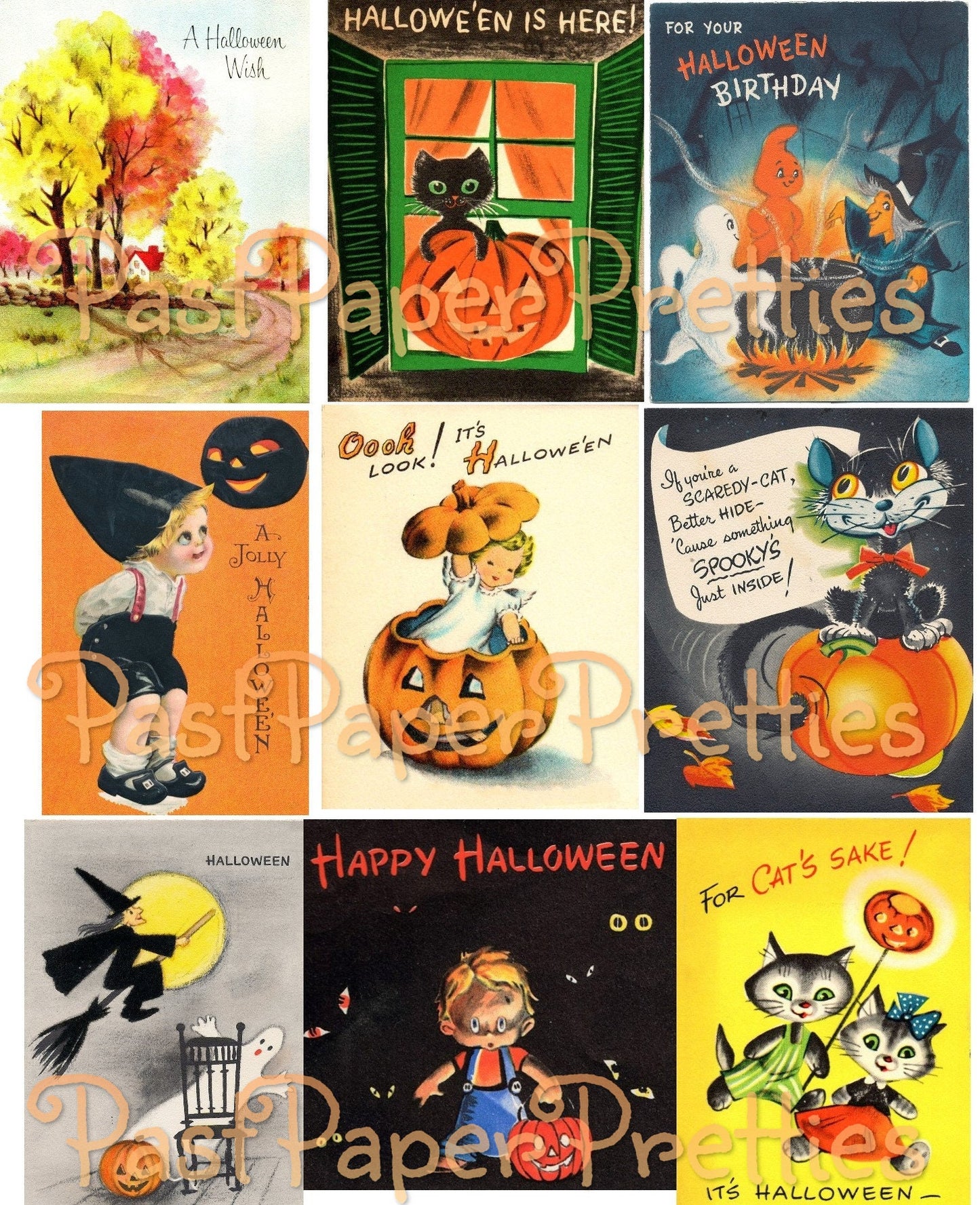 Vintage Halloween Printable Collage Cards Retro Mid Century Images PDF Instant Digital Download Cute Spooky Clip Art 2 Sizes SET ONE