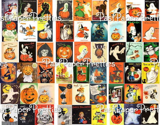 Vintage Halloween Printable Collage Cards Retro Mid Century Images PDF Instant Digital Download Cute Spooky Clip Art 2 Sizes SET ONE