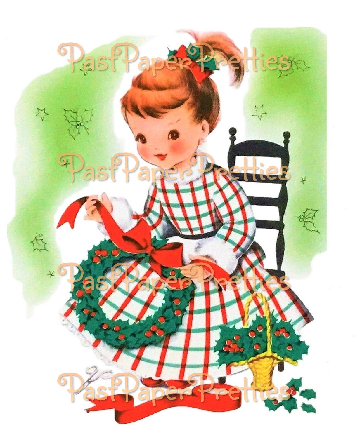 Vintage Printable Pretty Gingham Dress Christmas Girls Norcross Card Images c. 1940s PDF Instant Digital Download Cute Xmas Clipart 300 dpi