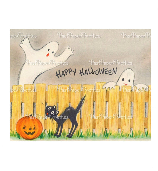 Vintage Printable Halloween Card Ghosts Black Cat JOL Fence Scene Image c. 1960s Instant Digital Download Happy Halloween Clip Art 300 dpi