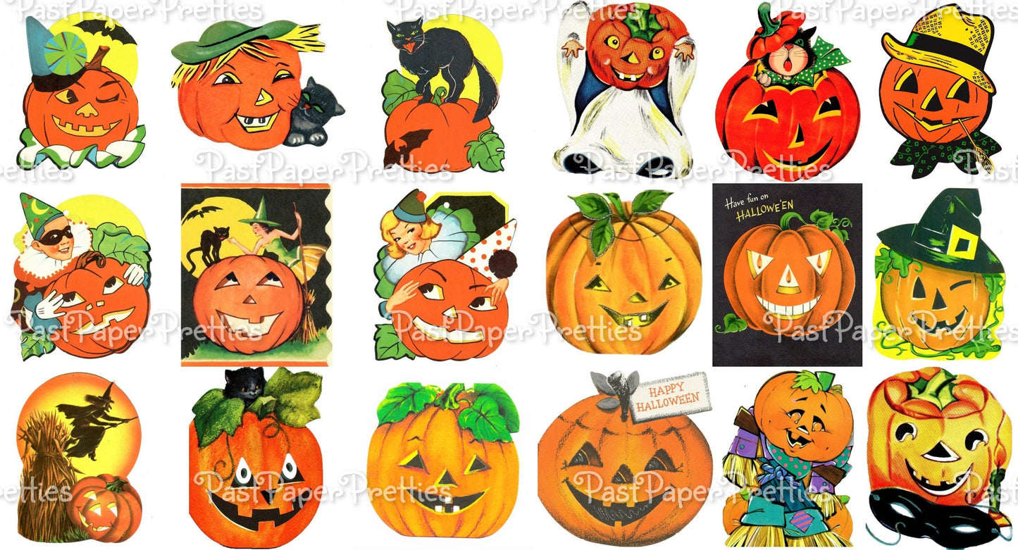 Vintage Printable Halloween Pumpkins Collage Sheets Stamps ATC Card Images PDF Instant Digital Download All Kitsch Jack-O-Lantern Clip Art