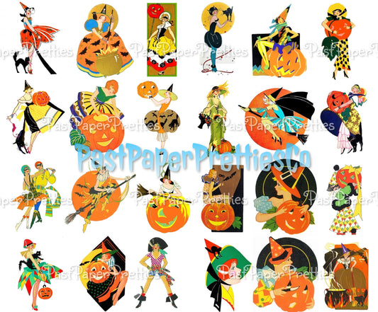 Vintage Art Deco Halloween Flapper Ladies Images Printable Collage Sheet Cards Tags Stamps PDF Instant Digital Download Spooky Glam 3 Sizes