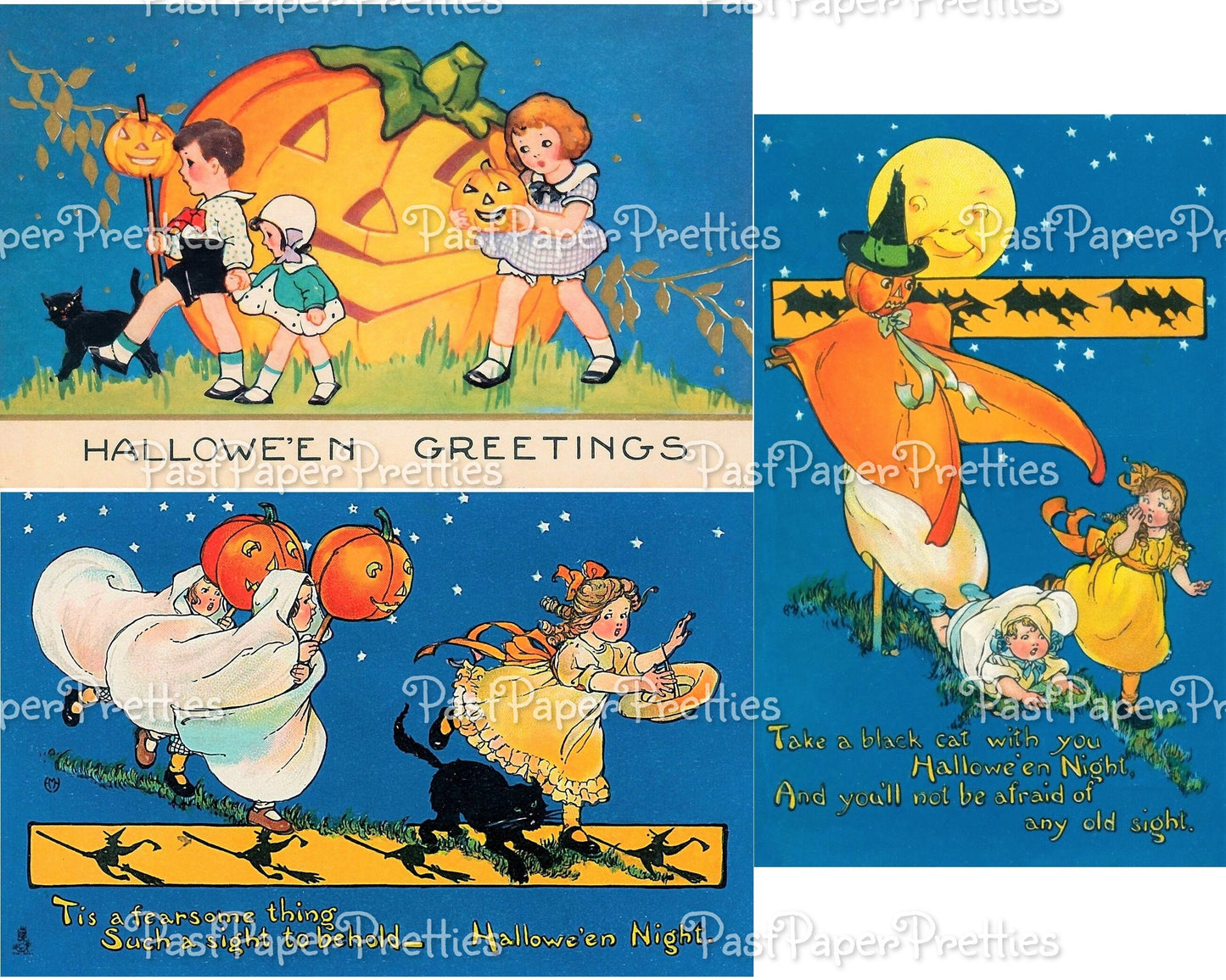 Vintage Printable Children Halloween Greetings Post Card Images c. 1930s PDF Instant Digital Download Whitney Postcards Sweet Scary Clip Art