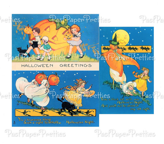 Vintage Printable Children Halloween Greetings Post Card Images c. 1930s PDF Instant Digital Download Whitney Postcards Sweet Scary Clip Art