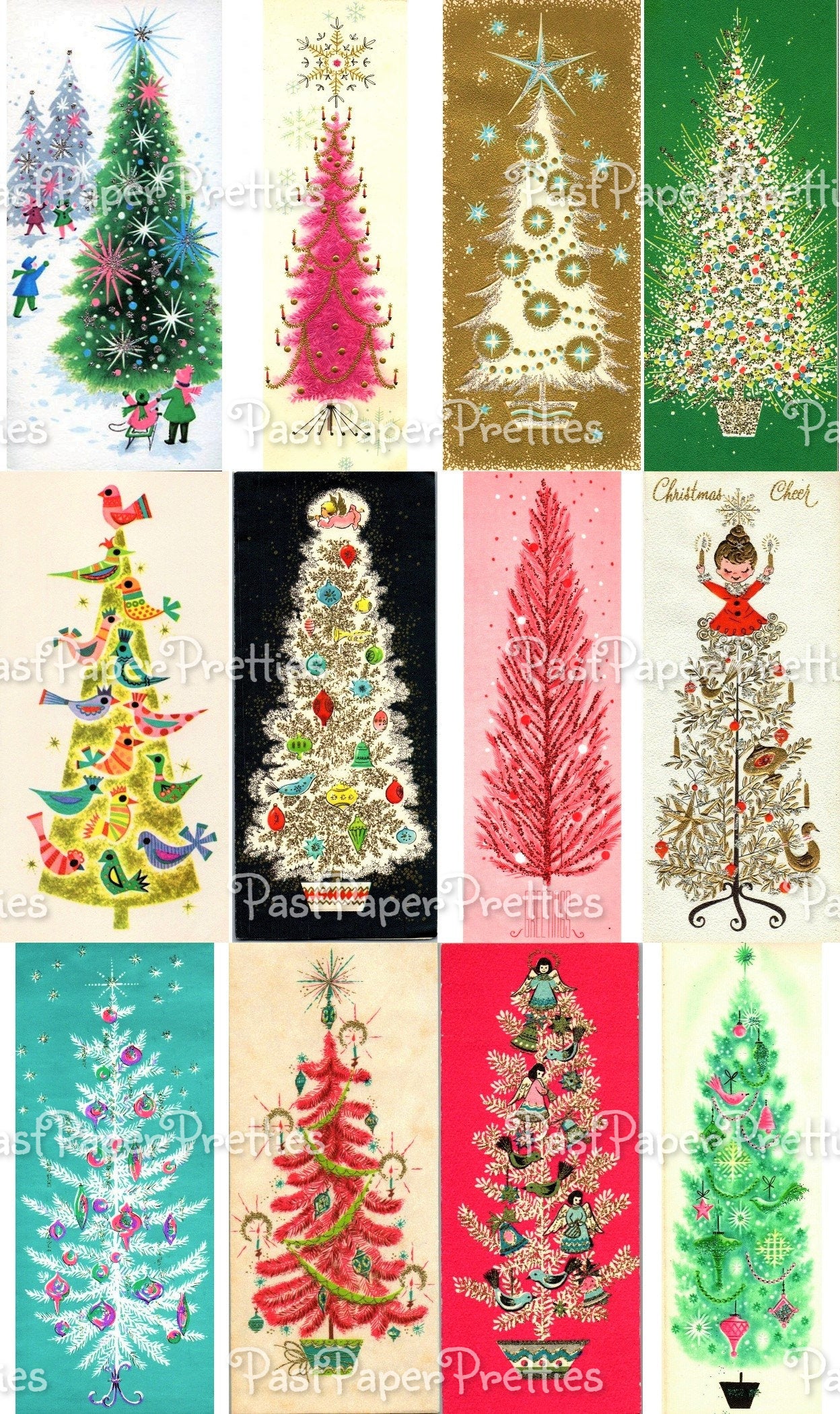 Vintage Printable Fabulous Retro Christmas Tree Collage Sheets 54 Images 2 Sizes PDF Instant Digital Download Mod Mid Century Trees