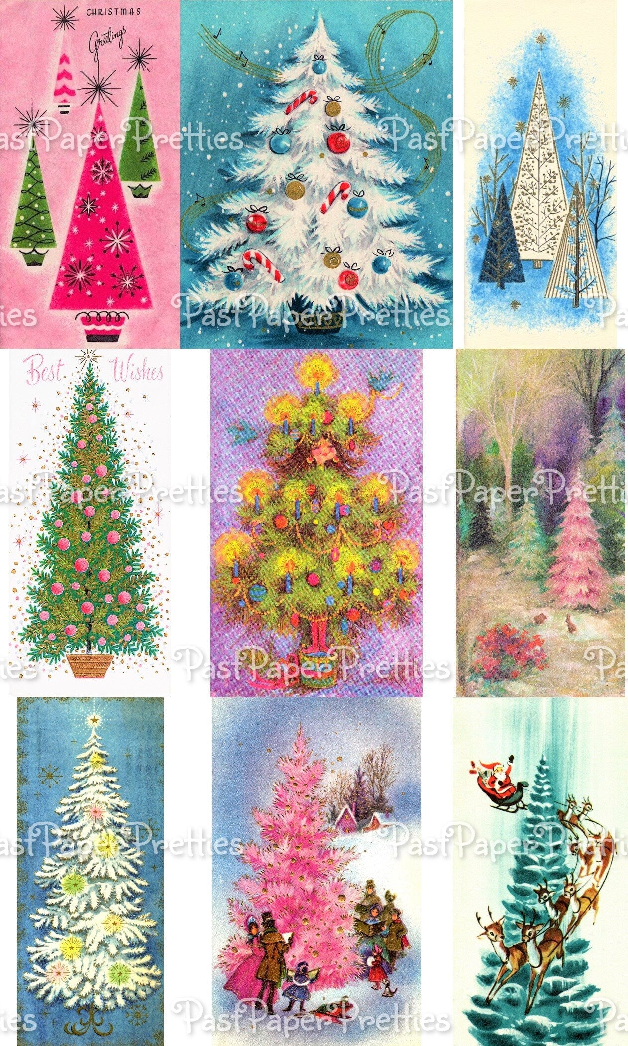 Vintage Printable Fabulous Retro Christmas Tree Collage Sheets 54 Images 2 Sizes PDF Instant Digital Download Mod Mid Century Trees