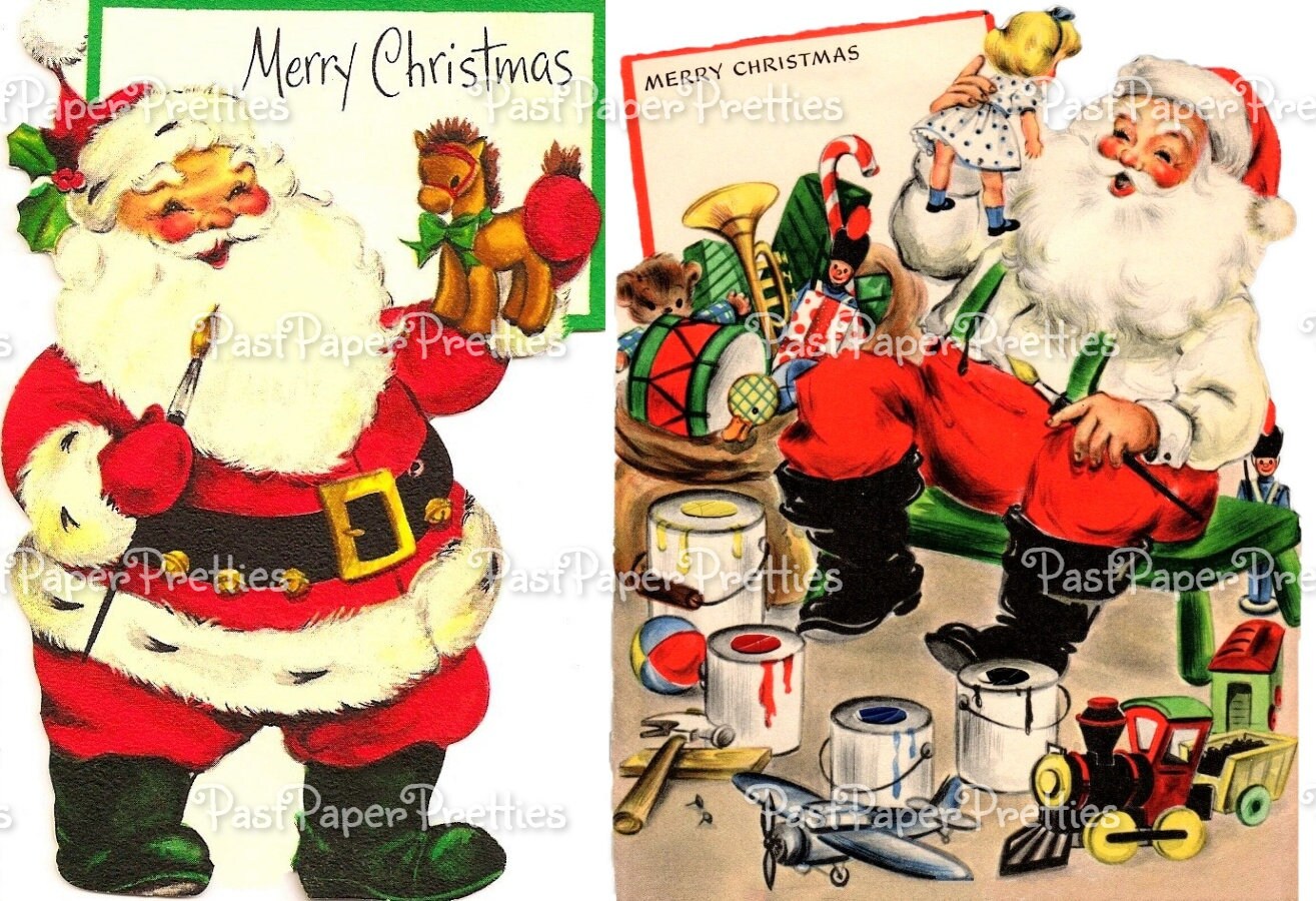 Vintage Printable Toymaker Santa Claus Mid Century Merry Christmas Card Images PDF Instant Digital Download Kitschmas Holiday Clip Art