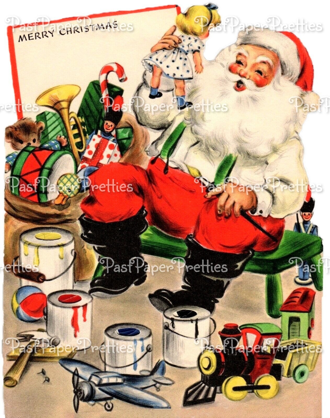 Vintage Printable Toymaker Santa Claus Mid Century Merry Christmas Card Images PDF Instant Digital Download Kitschmas Holiday Clip Art