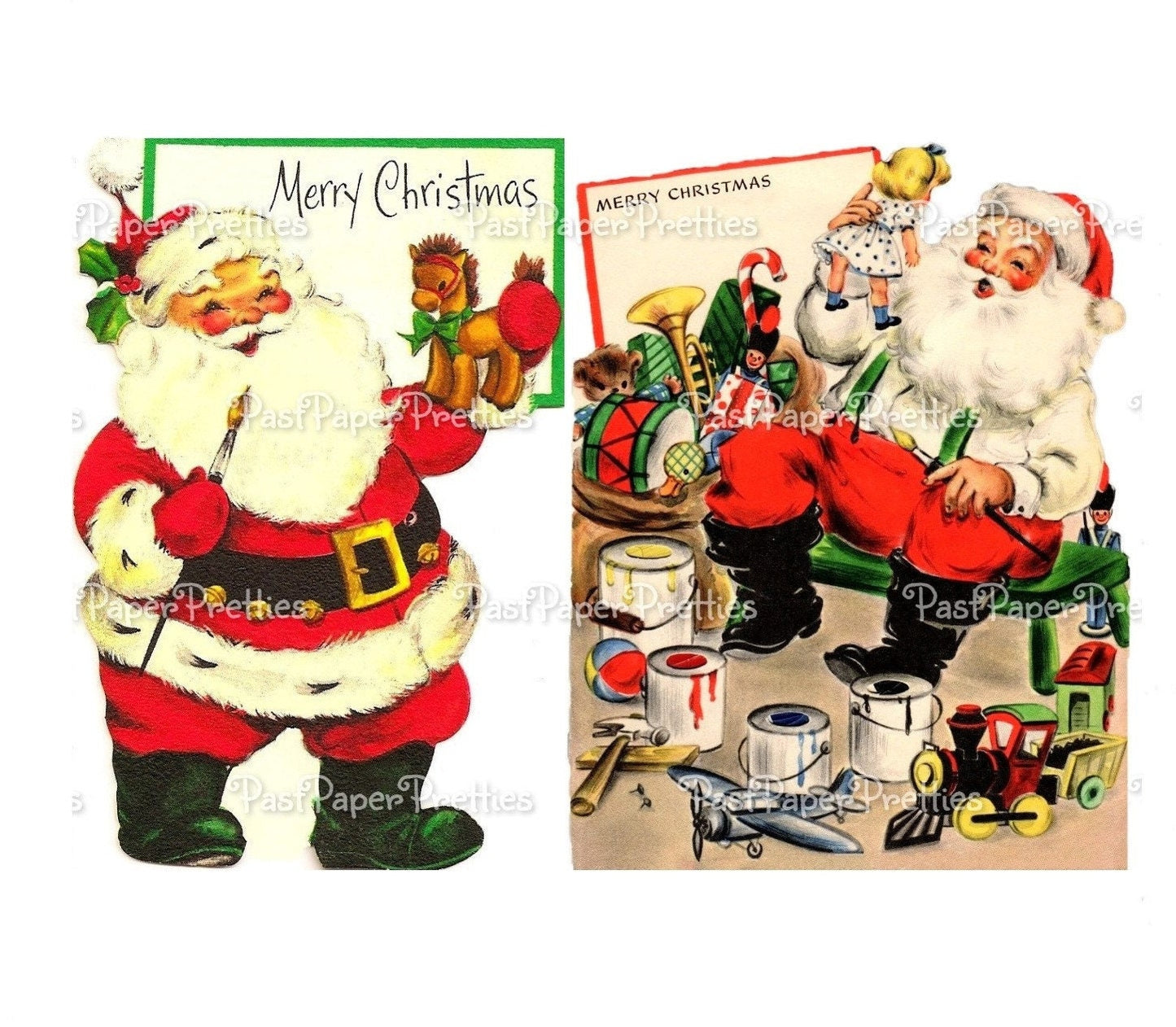 Vintage Printable Toymaker Santa Claus Mid Century Merry Christmas Card Images PDF Instant Digital Download Kitschmas Holiday Clip Art