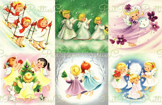 Vintage Printable Christmas Images Adorable Angel Friends Collage Sheets and Full Size Cards PDF Instant Digital Download Heavenly Clip Art