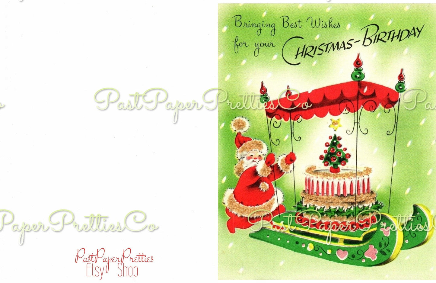 Vintage Happy Christmas Birthday Folded Printable Card Santa Pushing Cake Sleigh c. 1950s PDF Instant Digital Download December 24 25 Bday