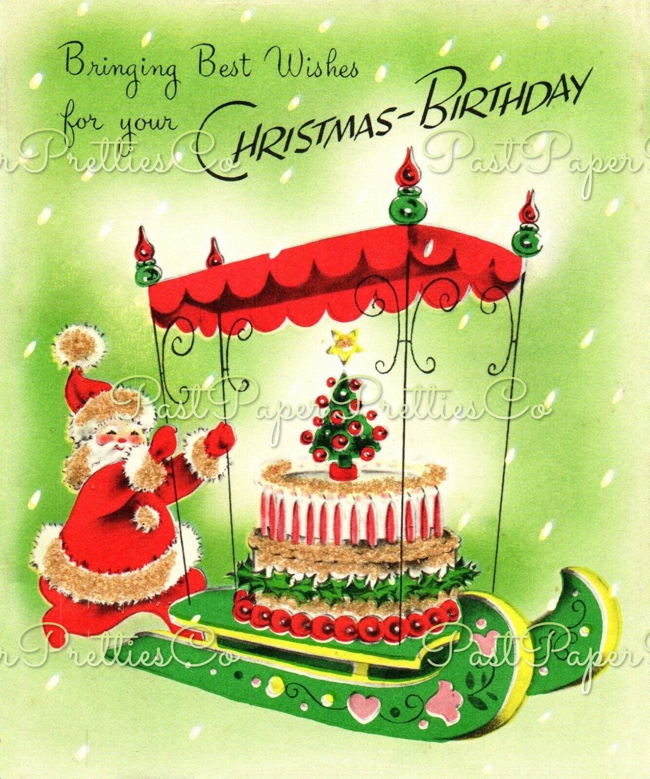 Vintage Happy Christmas Birthday Folded Printable Card Santa Pushing Cake Sleigh c. 1950s PDF Instant Digital Download December 24 25 Bday