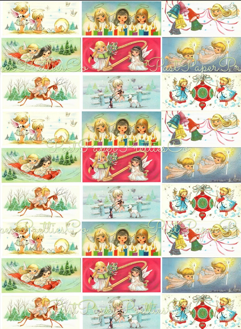 Vintage Printable Big Eyed Christmas Angels Collage Sheets Holiday Card Images PDF Instant Digital Download Cute Heavenly Girls Clip Art