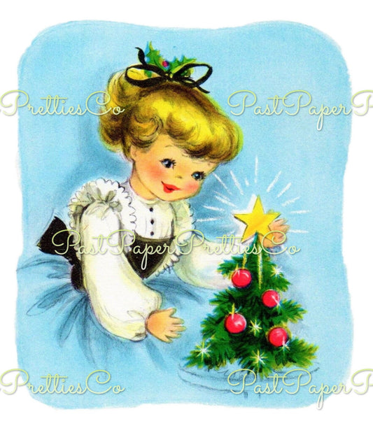 Vintage Printable Cute Little Blue Christmas Girl With Small Tree Card Image 1950s Instant Digital Download Kitsch Holiday Clip Art 300 dpi