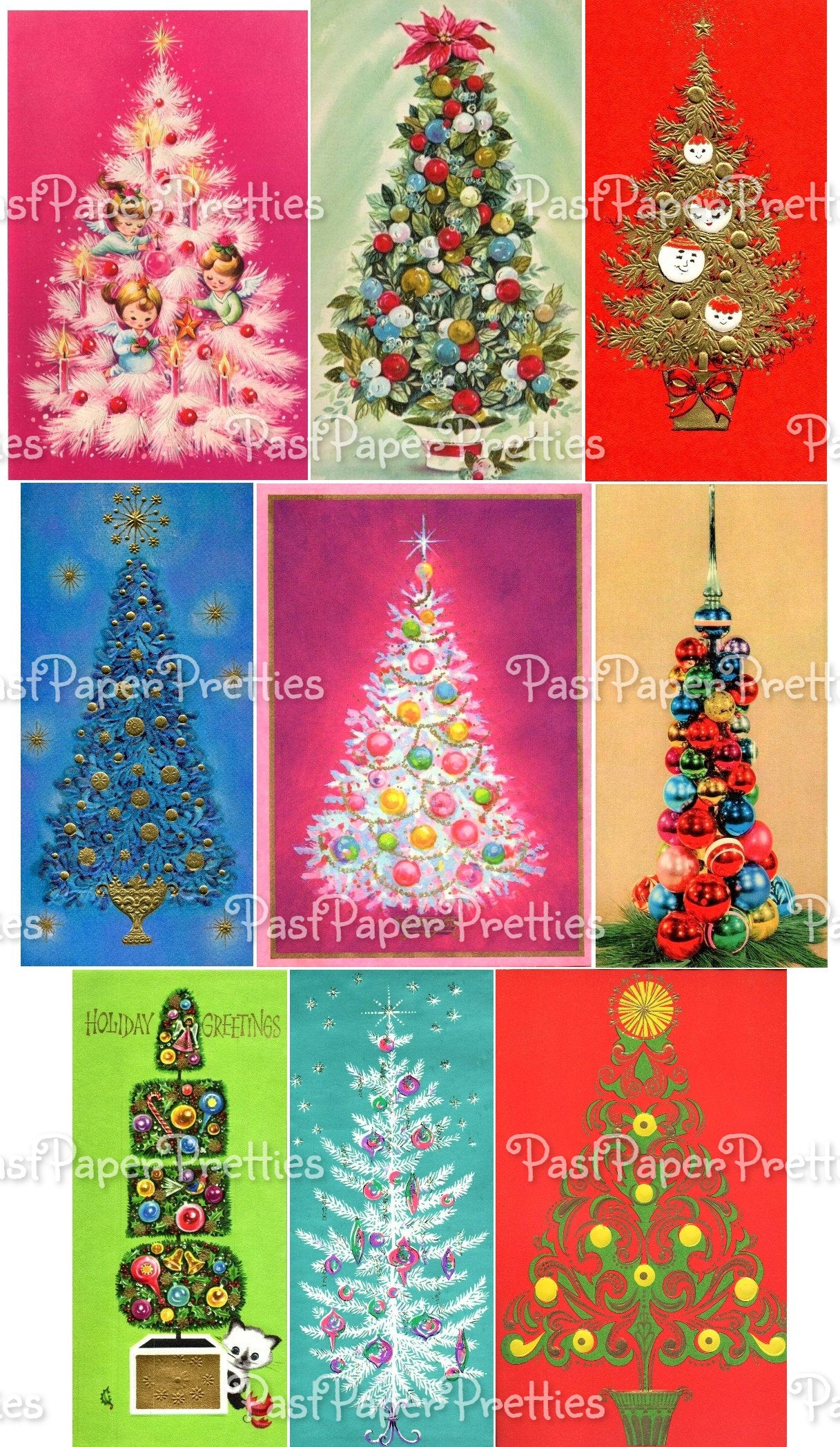 Vintage Printable Fabulous Retro Christmas Tree Collage Sheets 54 Images 2 Sizes PDF Instant Digital Download Mod Mid Century Trees