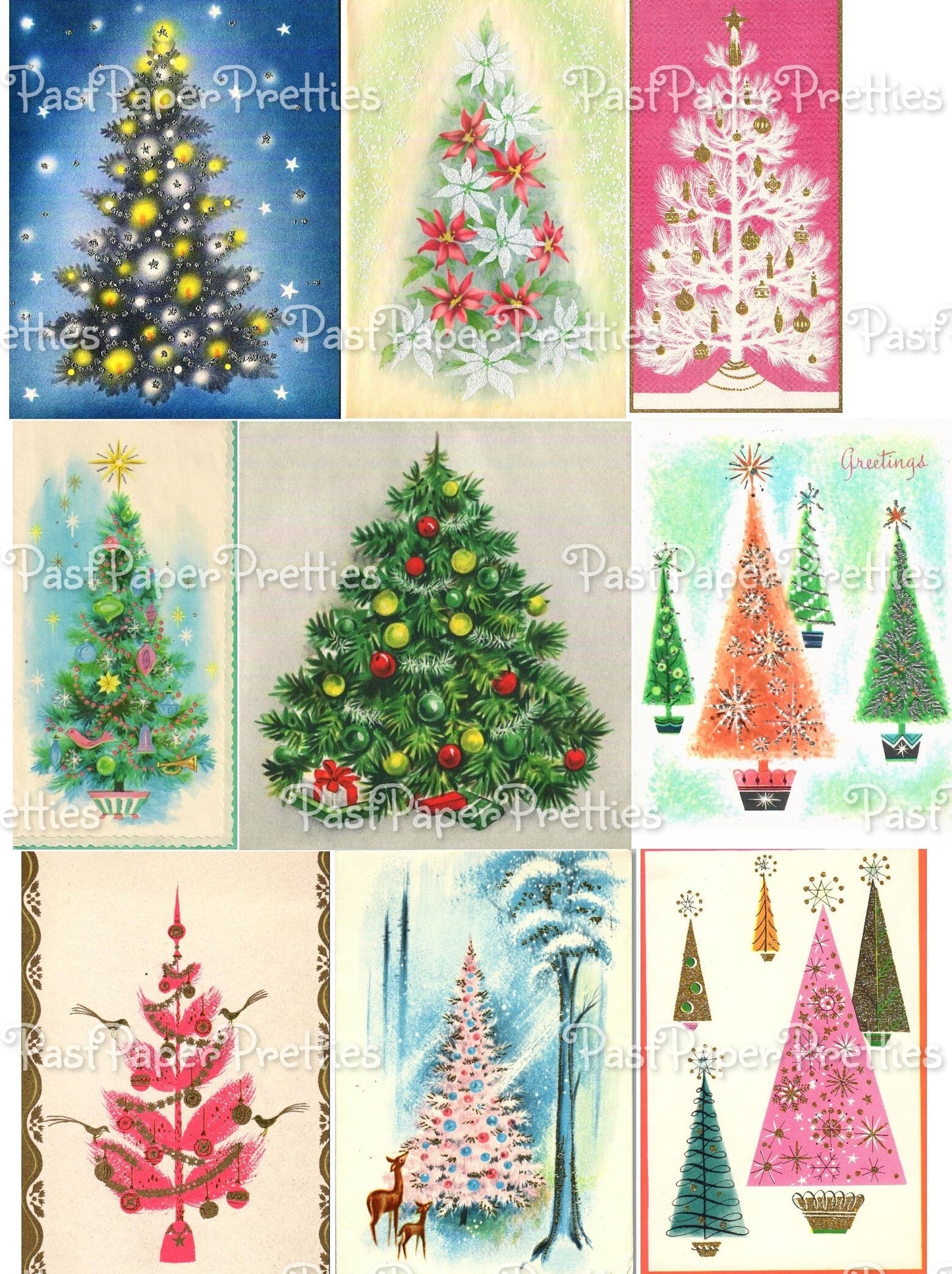 Vintage Printable Fabulous Retro Christmas Tree Collage Sheets 54 Images 2 Sizes PDF Instant Digital Download Mod Mid Century Trees